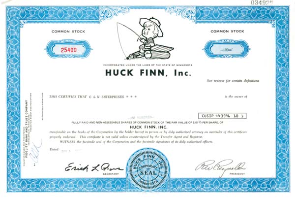 Huck Finn Inc - Stock Certificate